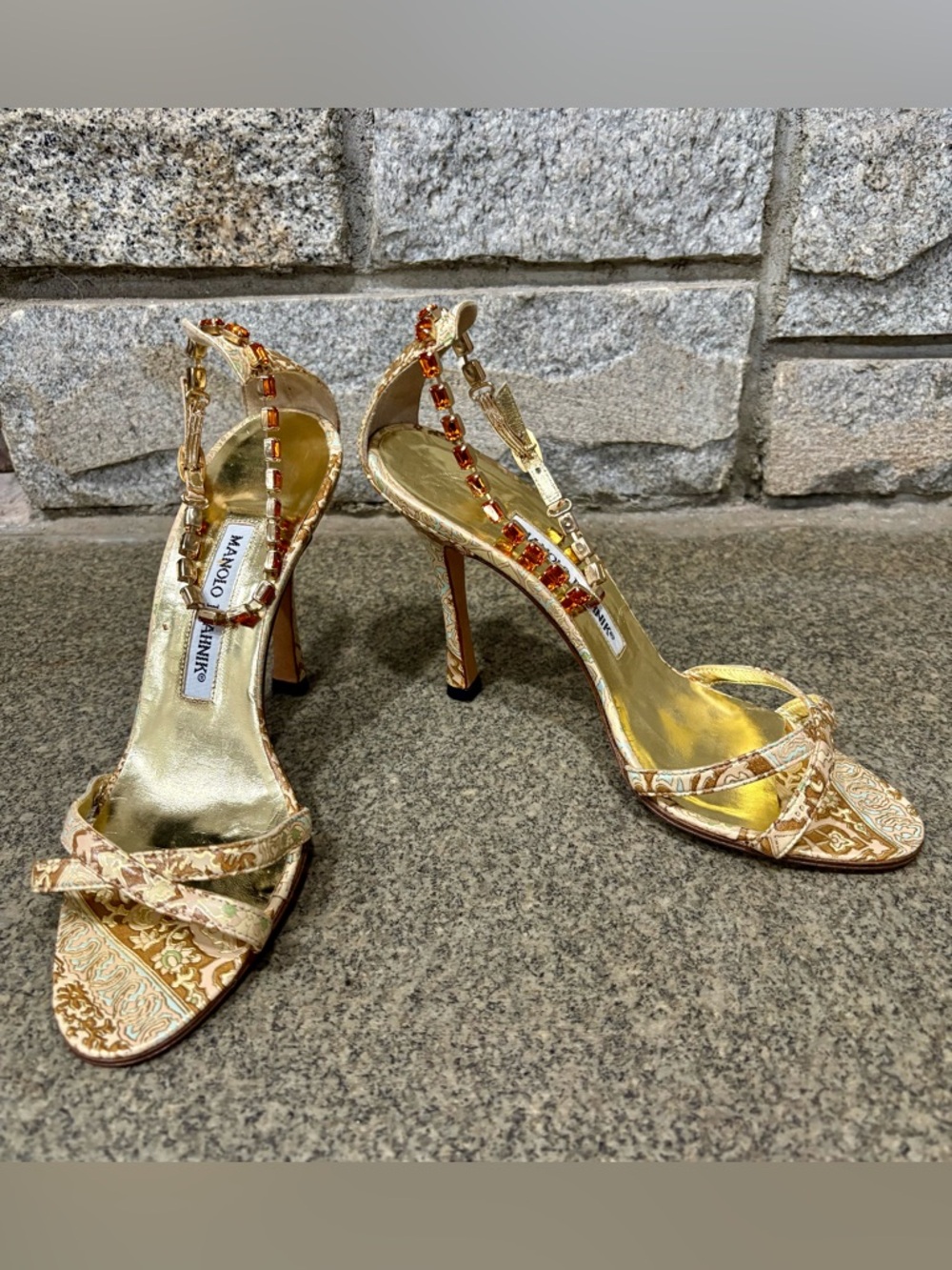 Women’s Manolo Blahnik Jacquard Embellished Ankle Strap Sandals - Size 36.5/6.5